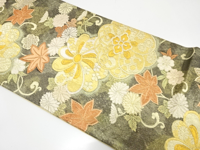 JAPANESE KIMONO / FUKURO OBI FOR FURISODE / SILK / GOLD FOIL / WOVEN KIKU & FLORAL PATTERN